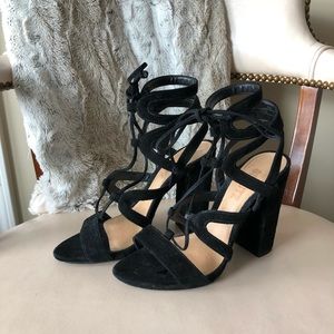 Schutz black suede lace up Siri heels